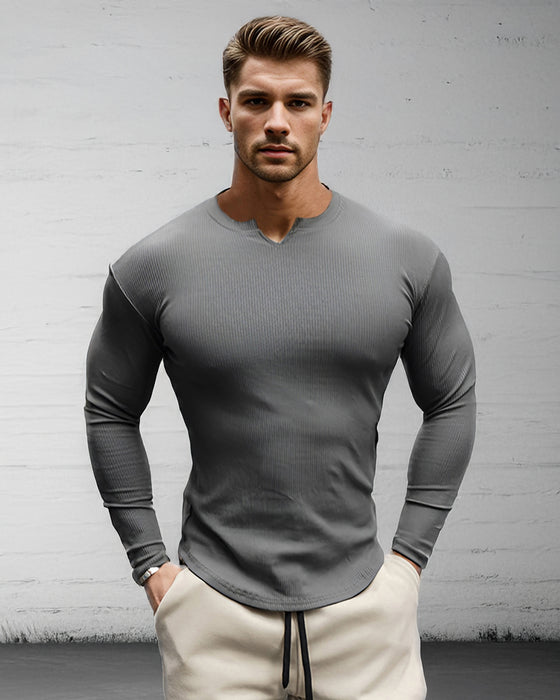 Muscle Fit V-Neck Long Sleeve Cotton Rib Knit Tech T-Shirt