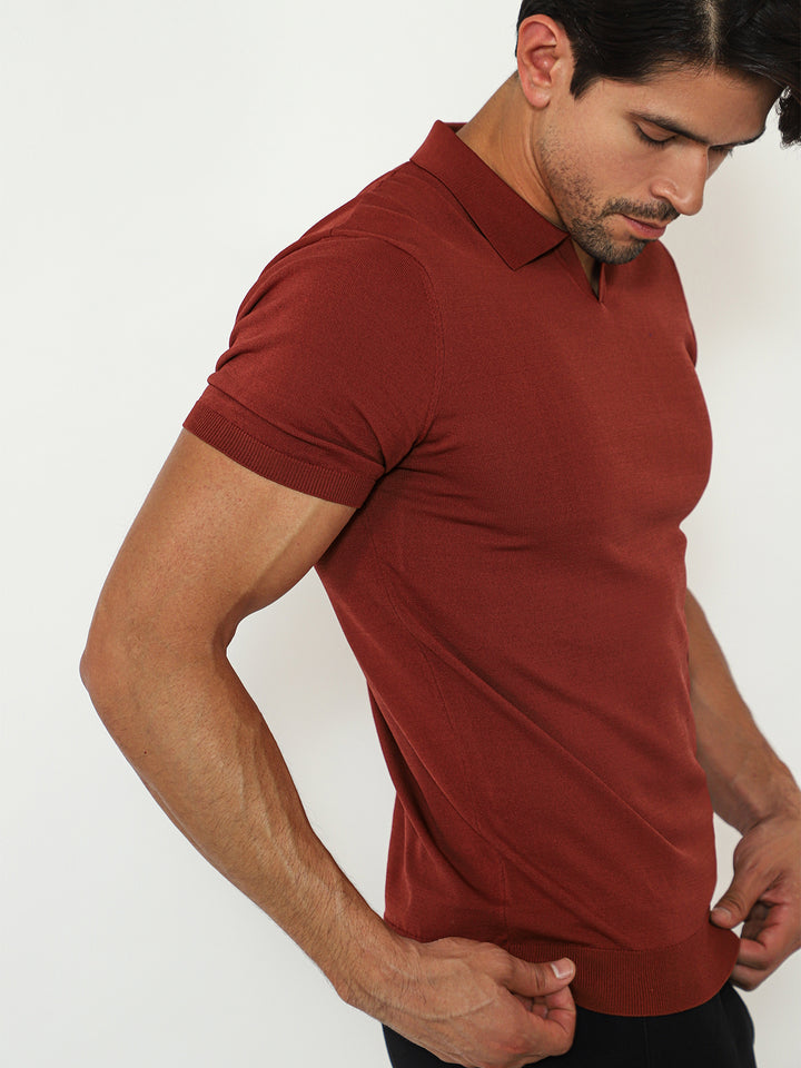 Open Collar Knit Polo Red Earth